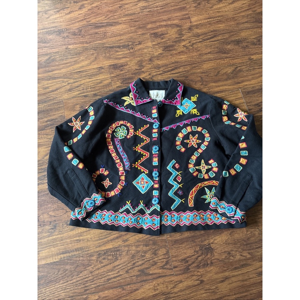 DANIEL K. colorful black lined Aztec beaded/embroidered button-up jacket Size L